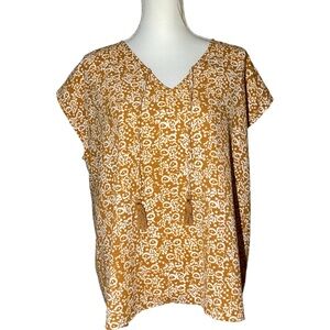Wonderly Women's Large Orange Cream Boho‎ Aztec Short Sleeve Blouse Tassels